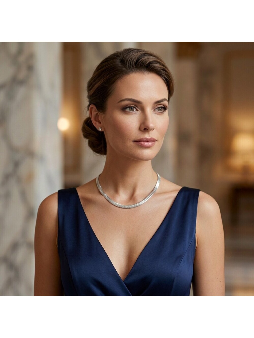 Italian Fluid-Gleam 925 Sterling Silver Herringbone Necklace